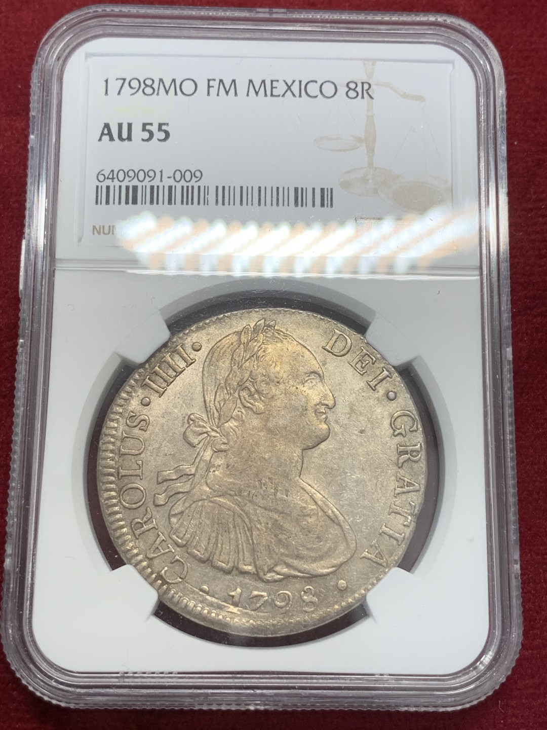 《竞宝斋》第80场-本周日，周一 2场连拍（全场不限金额包邮） NGC AU55 墨西哥 1798年 早期版 卡四 8R 双柱大银币 有光度 有细节 可藏