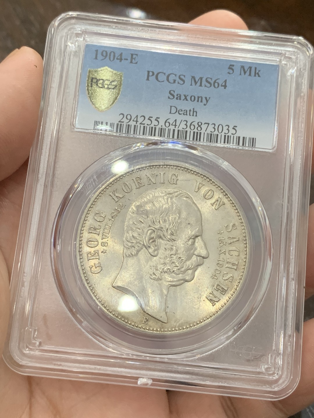 《竞宝斋》第80场-本周日，周一 2场连拍（全场不限金额包邮） PCGS-MS64 德国 萨克森阿伯丁 1904年 5马克 银币 格奥尔格逝世纪念 淡黄油彩包浆