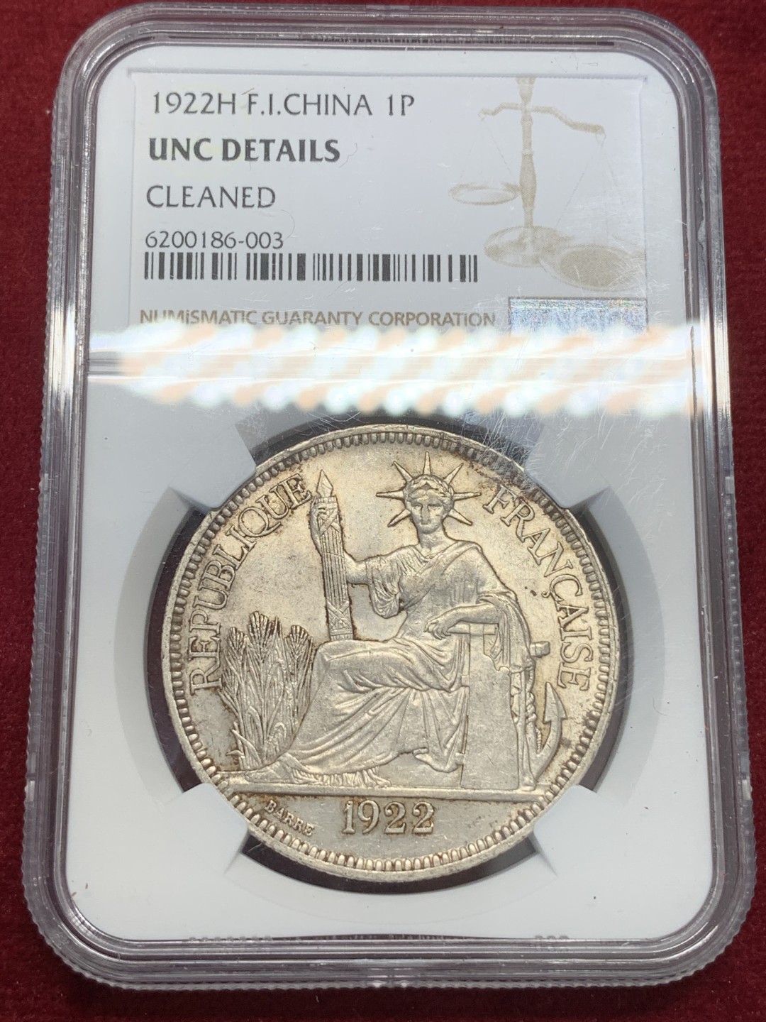 《竞宝斋》第80场-本周日，周一 2场连拍（全场不限金额包邮） 法属 印支 NGC UNC 1922年H版 坐人 1皮阿斯特 大银币 原味状态 非常不错 细节见图