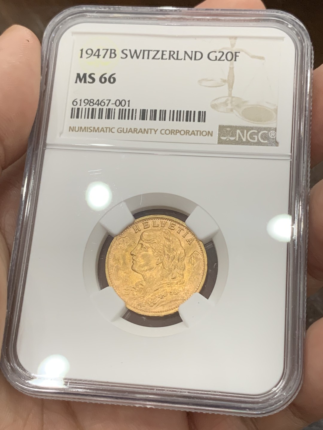 《竞宝斋》第80场-本周日，周一 2场连拍（全场不限金额包邮） NGC MS66 瑞士1947年20法郎雪山少女赫尔维蒂金币 超高分绝佳好品