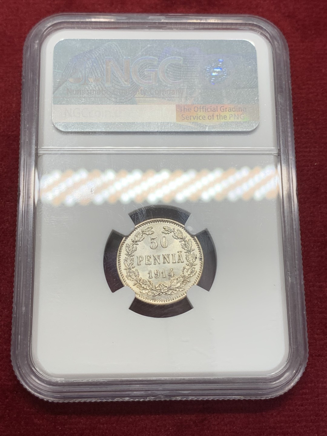 《竞宝斋》第80场-本周日，周一 2场连拍（全场不限金额包邮） NGC-MS64 俄占芬兰 1914年 50盆尼 银币