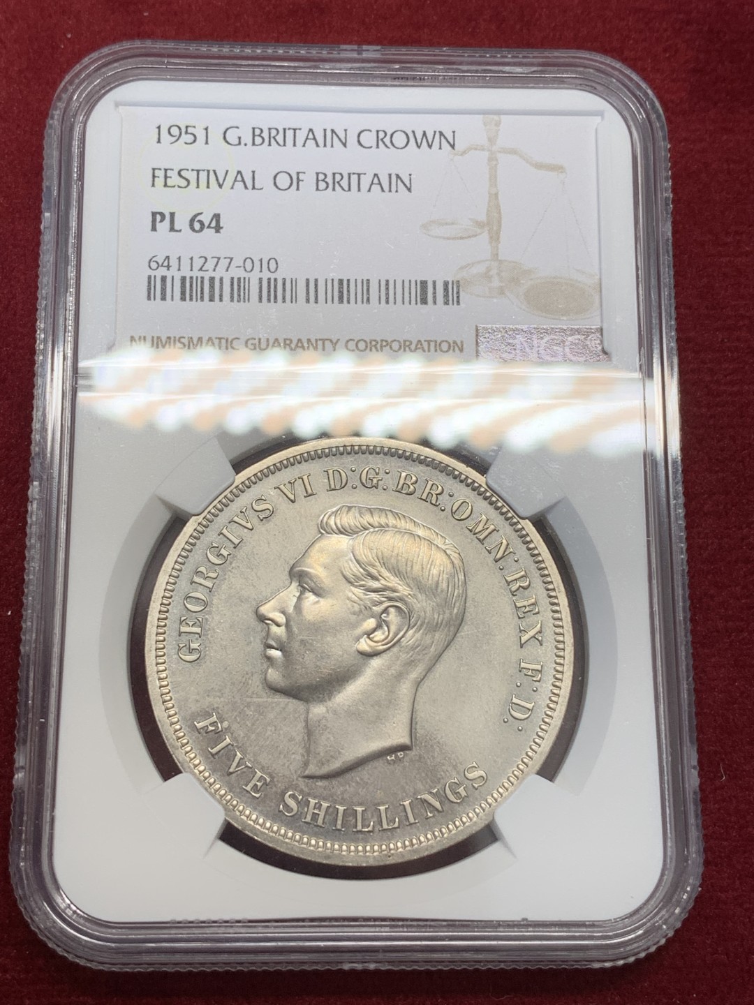 《竞宝斋》第80场-本周日，周一 2场连拍（全场不限金额包邮） NGC PL64 英国 乔治六世 1951年 镍马剑 5先令 克朗 经典屠龙图 近期较火的品种