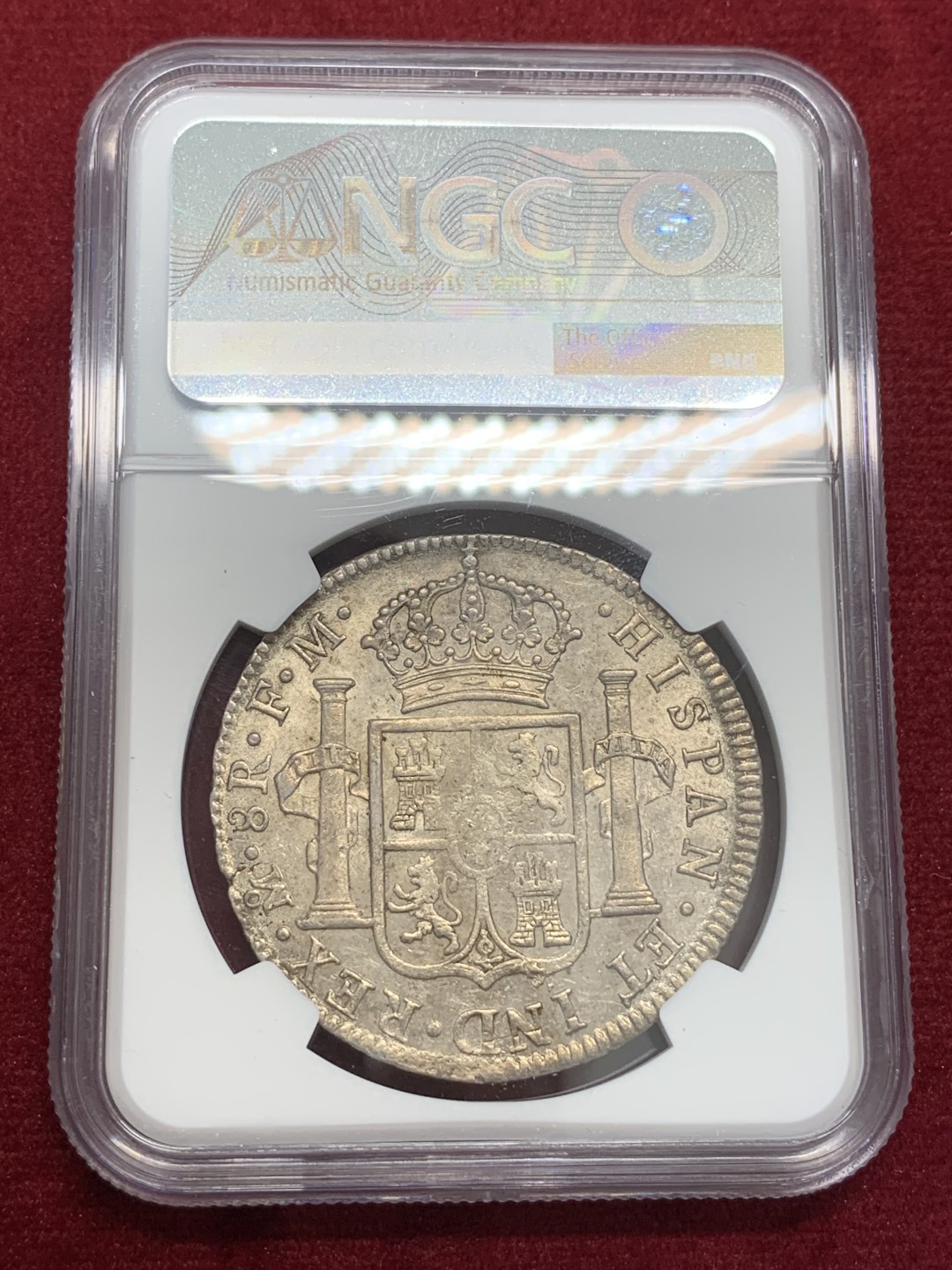 《竞宝斋》第80场-本周日，周一 2场连拍（全场不限金额包邮） NGC AU55 墨西哥 1798年 早期版 卡四 8R 双柱大银币 有光度 有细节 可藏