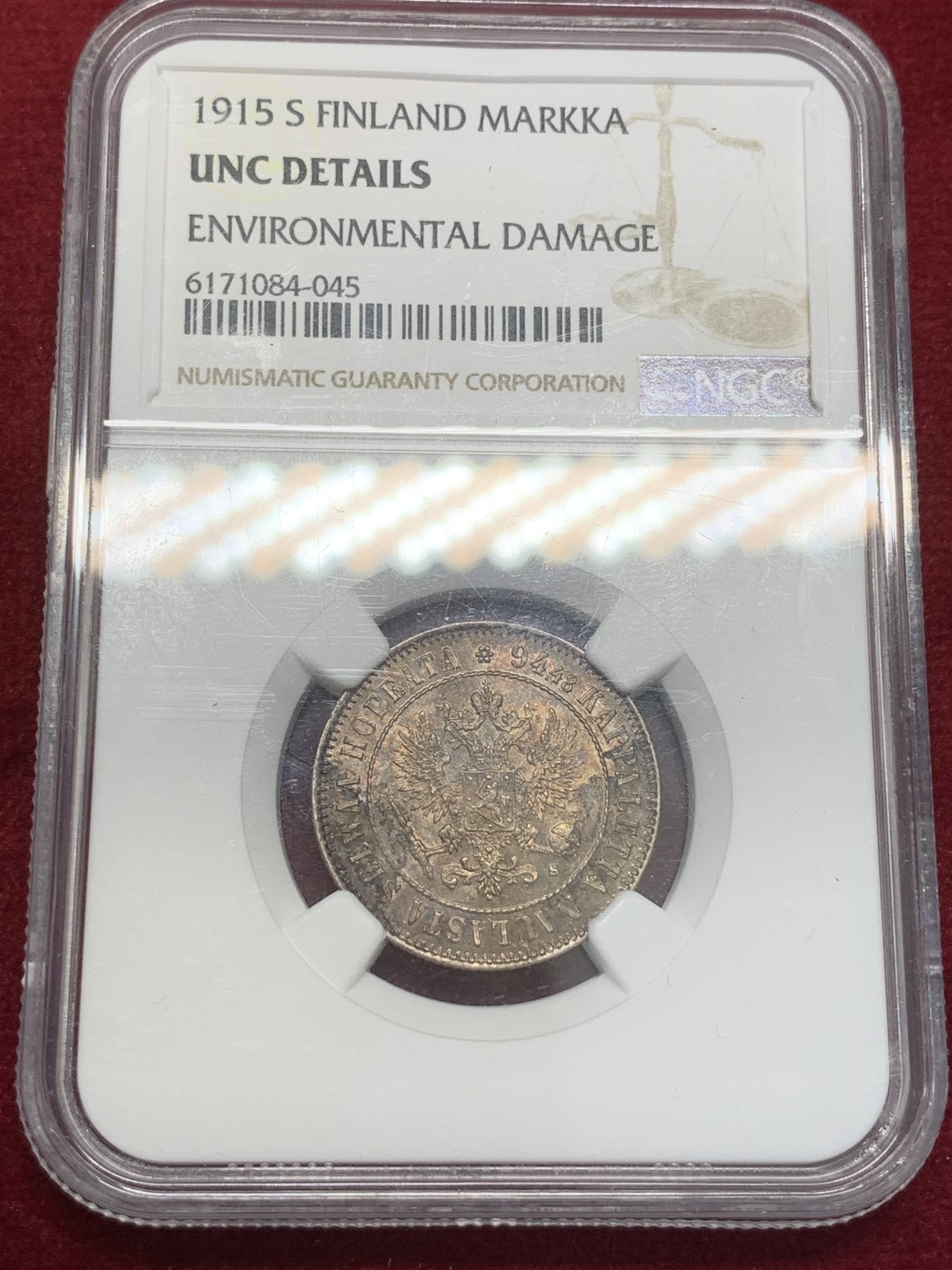 《竞宝斋》第80场-本周日，周一 2场连拍（全场不限金额包邮） NGC-UNC  1915 俄属芬兰 1马克，背面黑金包浆，非常漂亮