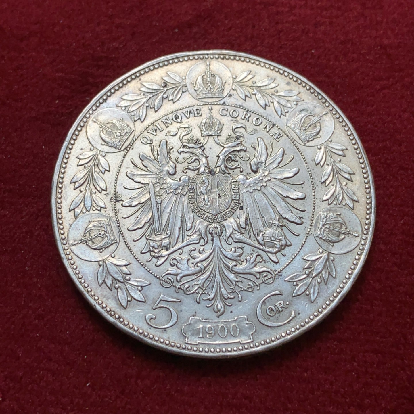 《竞宝斋》第80场-本周日，周一 2场连拍（全场不限金额包邮） 奥地利 1900年 双头鹰佛朗茨一世 5克朗 大银币 好品带光 暴涨的品种