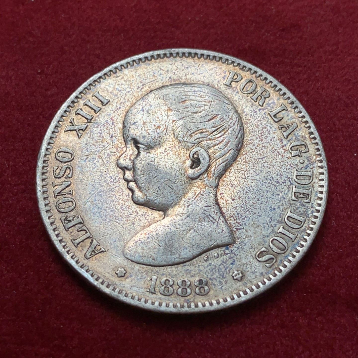 《竞宝斋》第80场-本周日，周一 2场连拍（全场不限金额包邮） 西班牙 1888年 小光头 5比塞塔 银币 比较吉利年份