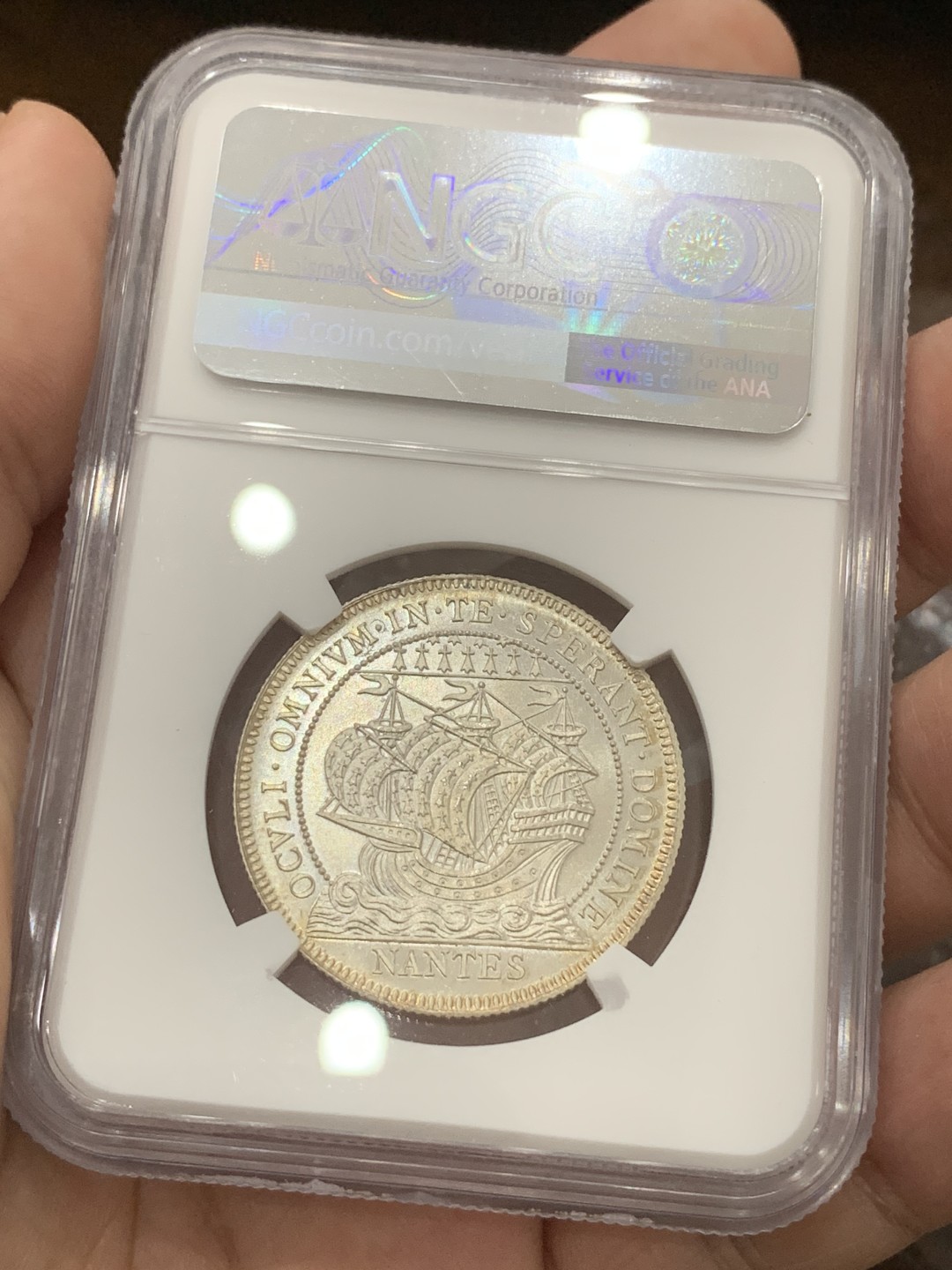 《竞宝斋》第80场-本周日，周一 2场连拍（全场不限金额包邮） NGC-MS66 法国十九世纪 南特大帆船 JETON银币 顶级品相