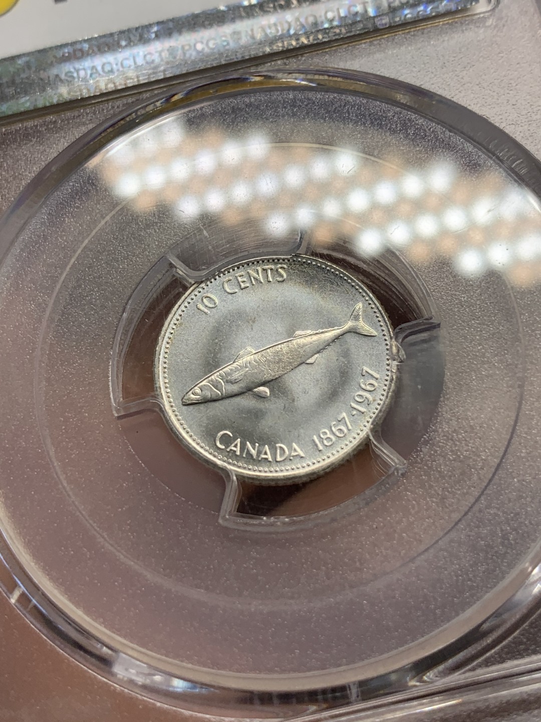 《竞宝斋》第80场-本周日，周一 2场连拍（全场不限金额包邮） PCGS-MS67 加拿大 1967年 10分 小鱼 银币 冠军分 仅有三枚冠军分之一