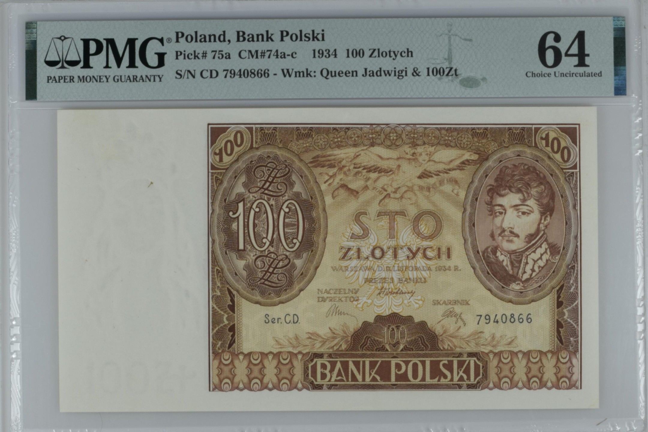 收藏联盟Quantum Auction 第181期拍卖 波兰1934年100兹罗提 PMG64 波尼亚托夫斯基亲王