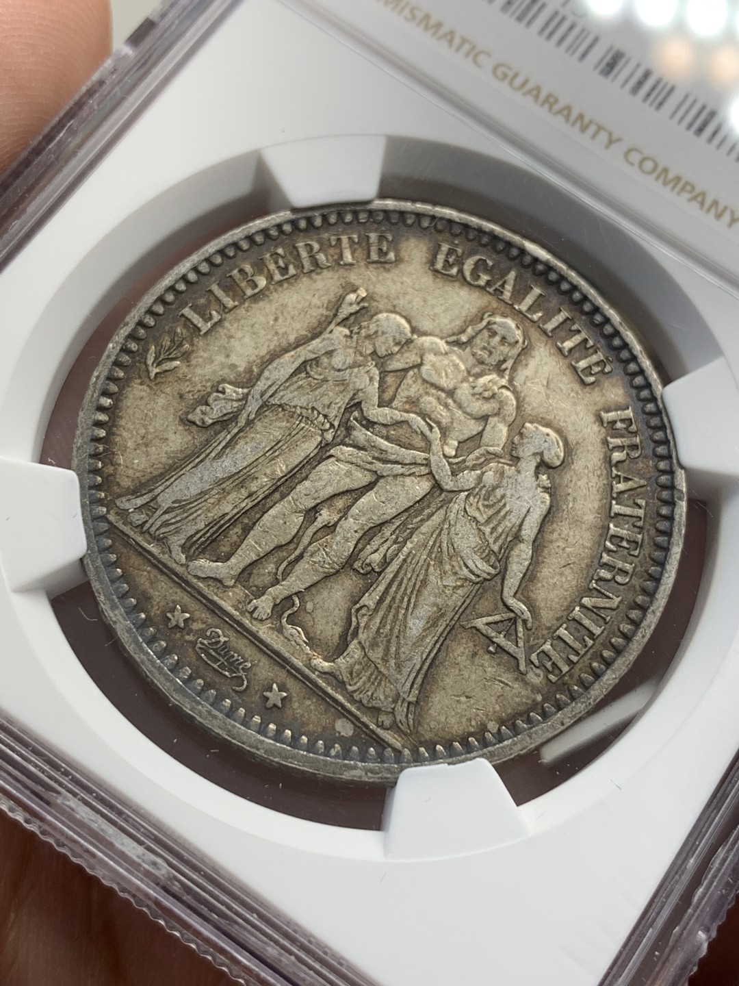 《竞宝斋》第80场-本周日，周一 2场连拍（全场不限金额包邮） NGC-XF45 法国 1873A年 大力神5法郎 大银币 老彩包浆很漂亮