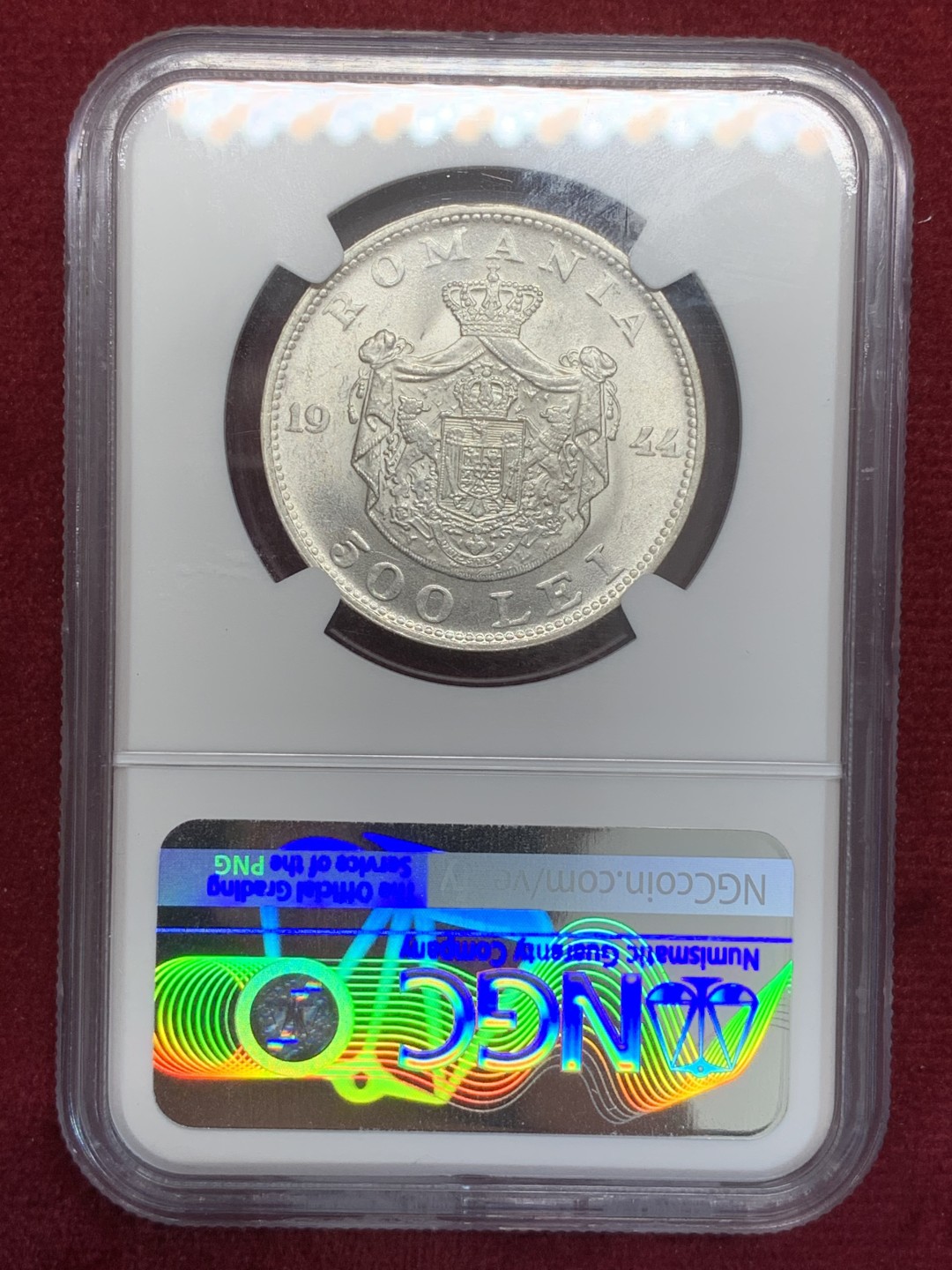 《竞宝斋》第80场-本周日，周一 2场连拍（全场不限金额包邮） NGC-MS62 罗马尼亚 1944年 500列伊 银币 最近涨得很快热门品种