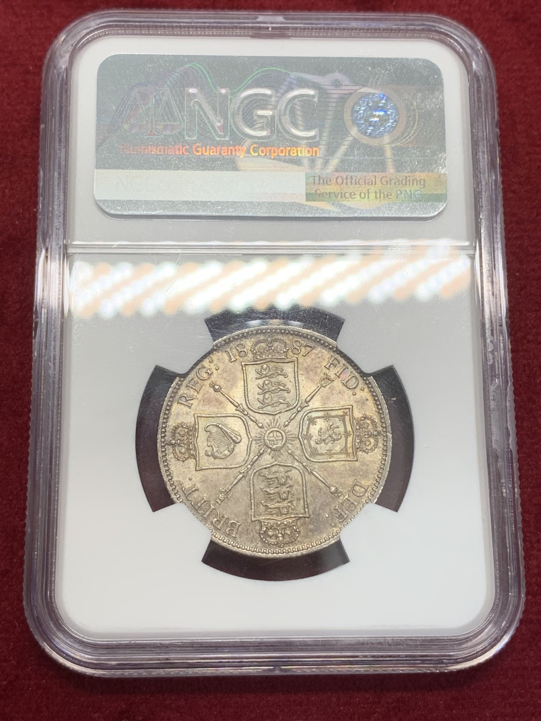 《竞宝斋》第80场-本周日，周一 2场连拍（全场不限金额包邮） NGC-MS62 英国1887年 维多利亚高冠佛洛林银币  双面重彩 很好的一枚银币