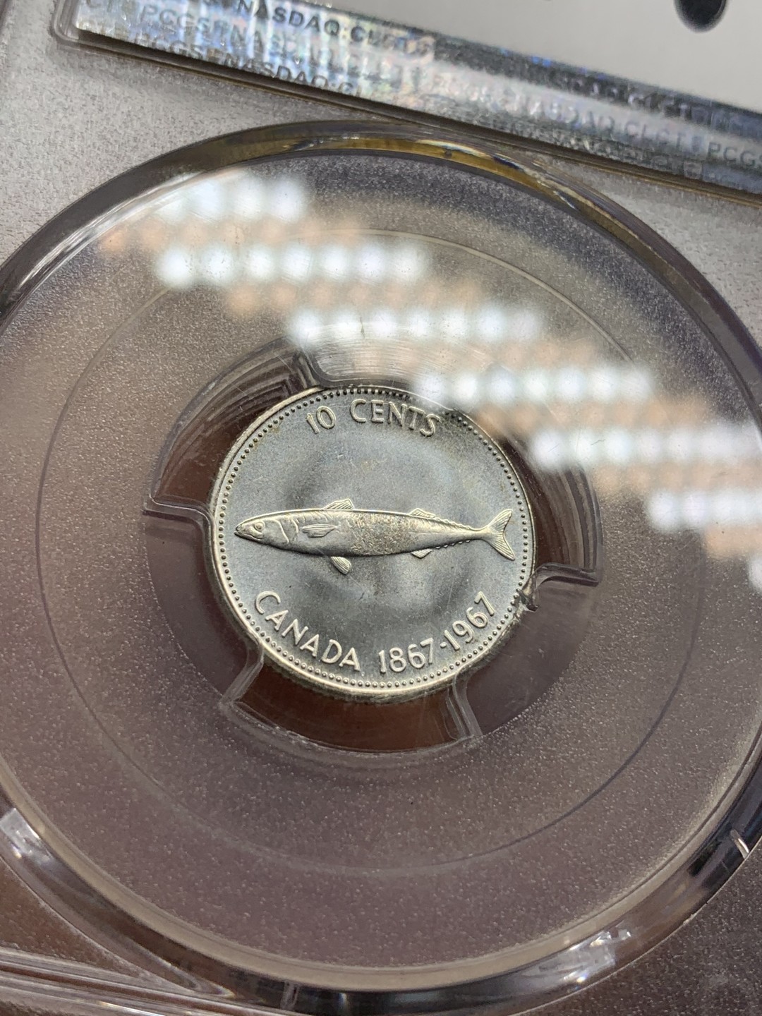 《竞宝斋》第80场-本周日，周一 2场连拍（全场不限金额包邮） PCGS-MS67 加拿大 1967年 10分 小鱼 银币 冠军分 仅有三枚冠军分之一