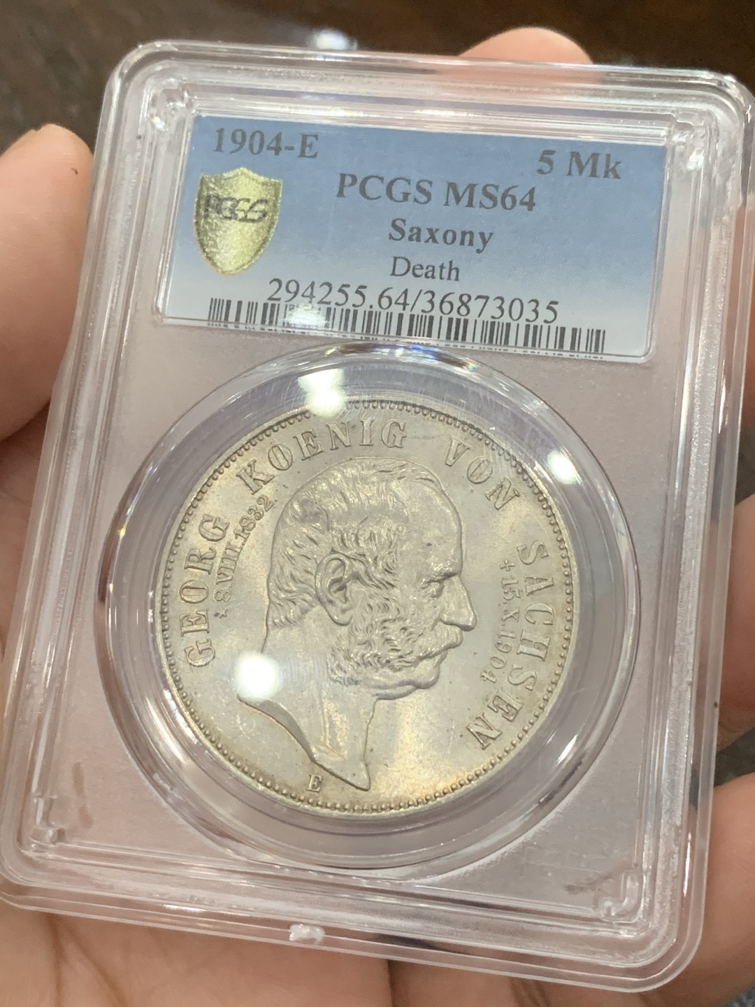 《竞宝斋》第80场-本周日，周一 2场连拍（全场不限金额包邮） PCGS-MS64 德国 萨克森阿伯丁 1904年 5马克 银币 格奥尔格逝世纪念 淡黄油彩包浆