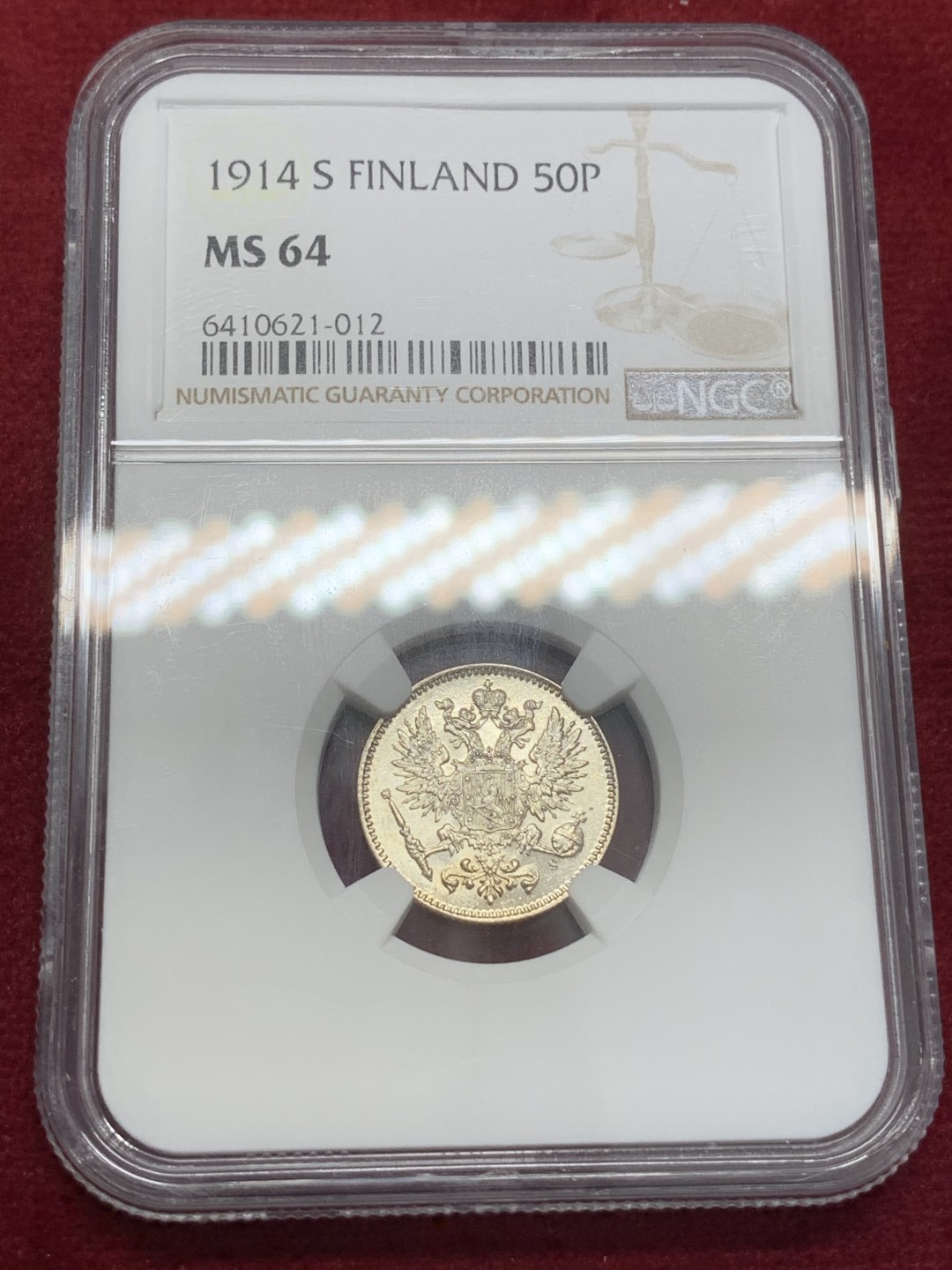 《竞宝斋》第80场-本周日，周一 2场连拍（全场不限金额包邮） NGC-MS64 俄占芬兰 1914年 50盆尼 银币