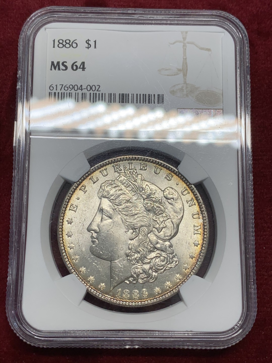 《竞宝斋》第80场-本周日，周一 2场连拍（全场不限金额包邮） NGC-MS64 美国 1886 1美元 摩根银币 原光环彩 转光犀利