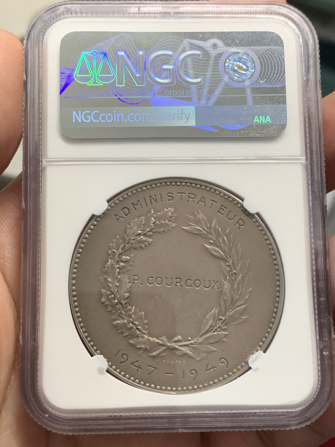 《竞宝斋》第80场-本周日，周一 2场连拍（全场不限金额包邮） NGC MS63 法国大银章 大师杜波瓦名作 凤凰保险 1844年成立 丰饶角argent银标 铸造日期1880年左右 1949年后刻字 太阳光芒四射 雕刻细节极佳