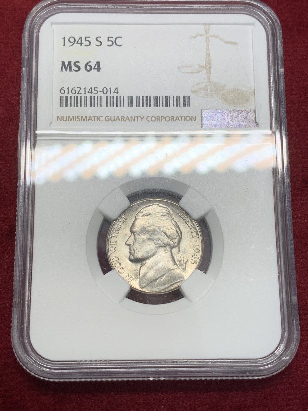 《竞宝斋》第80场-本周日，周一 2场连拍（全场不限金额包邮） NGC-MS64 美国 1945年 杰弗逊战时五美分 1942-1945这三年为战时含银版五美分
