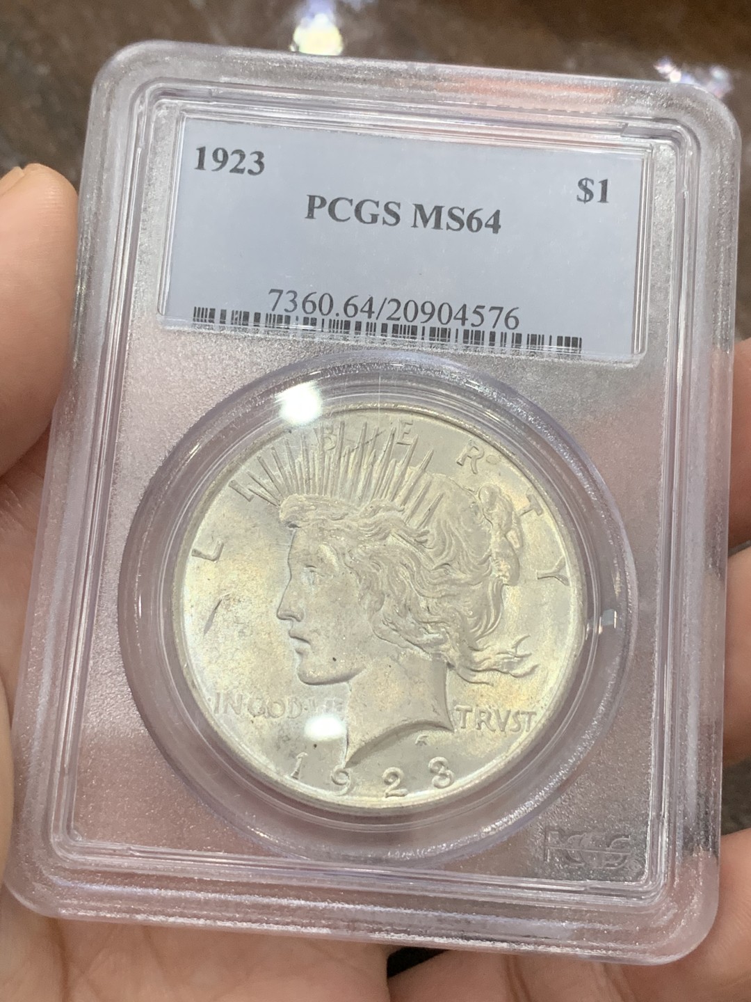 《竞宝斋》第80场-本周日，周一 2场连拍（全场不限金额包邮） PCGS MS64 美国1923年和平大银币 原光好品