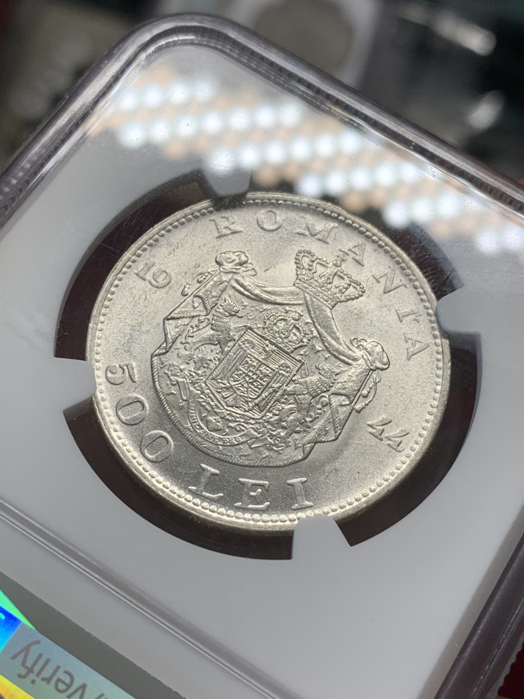 《竞宝斋》第80场-本周日，周一 2场连拍（全场不限金额包邮） NGC-MS62 罗马尼亚 1944年 500列伊 银币 最近涨得很快热门品种