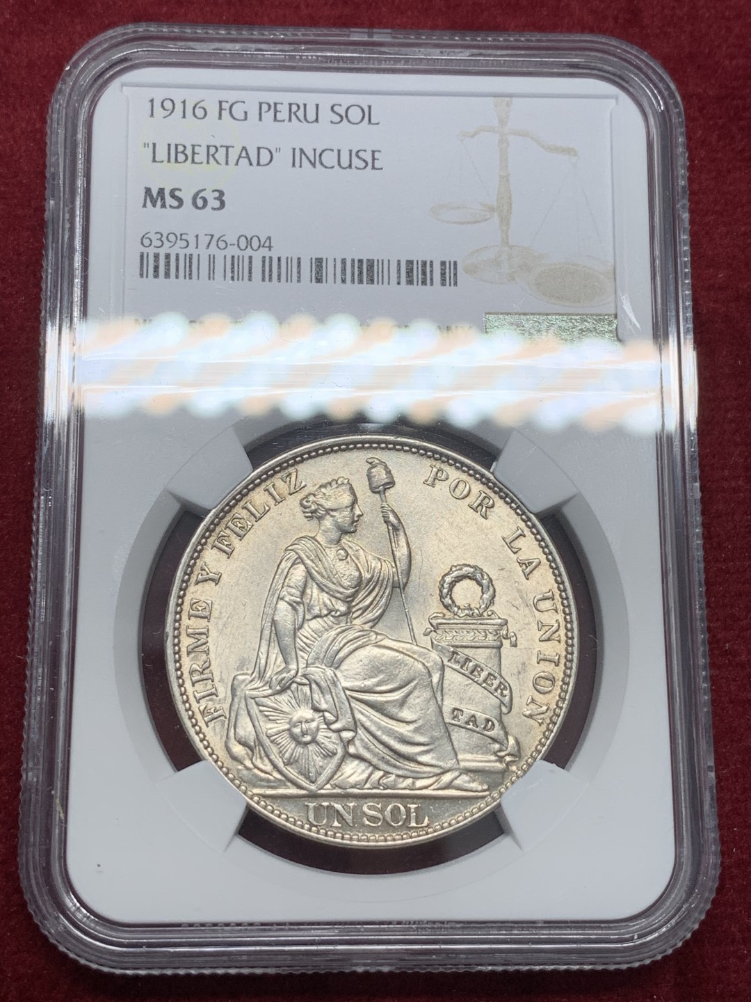 《竞宝斋》第80场-本周日，周一 2场连拍（全场不限金额包邮） NGC-MS63 秘鲁1916年 自由女神坐人 1索尔大银币 南美大热品种 高分少见