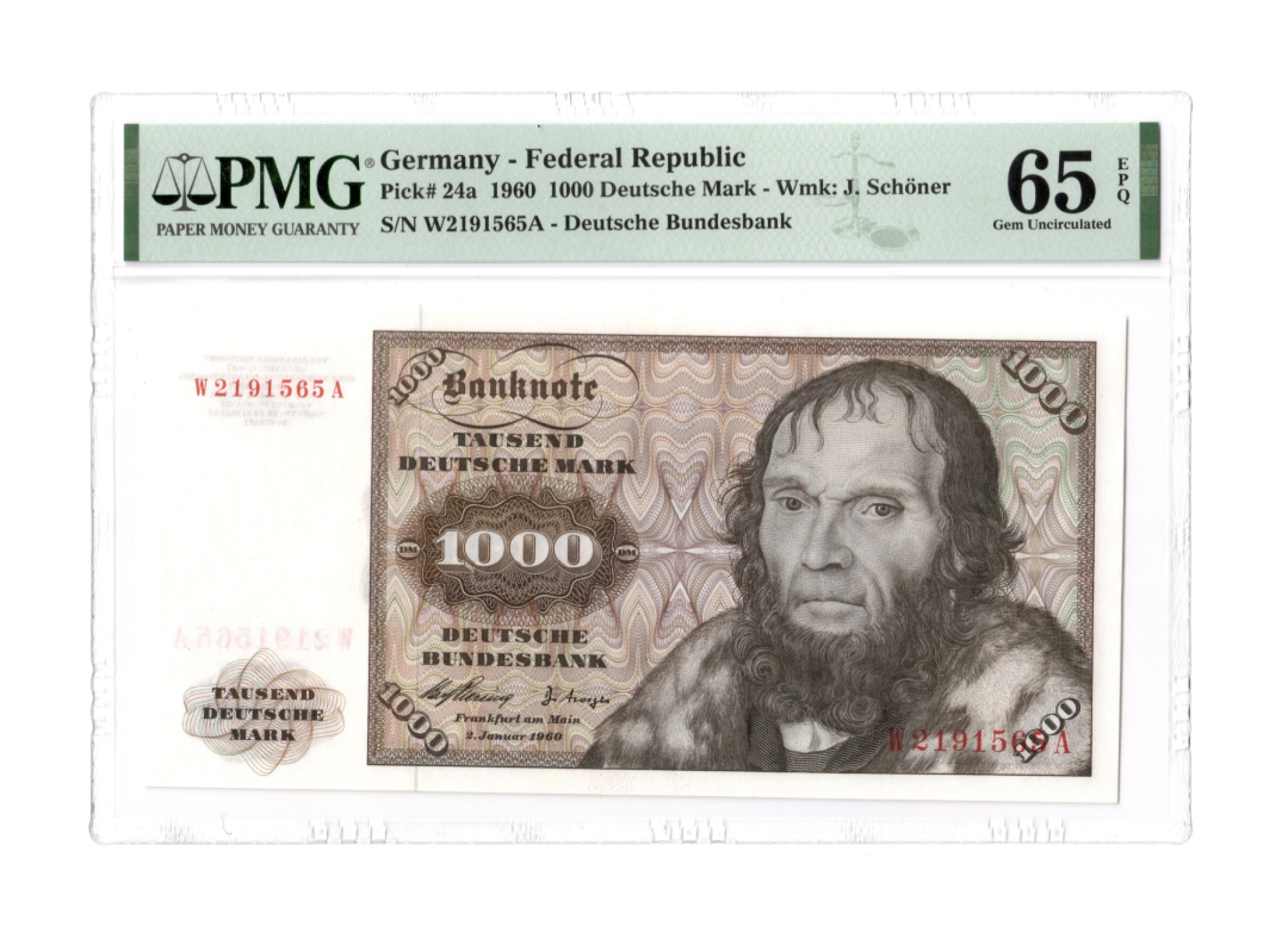收藏联盟Quantum Auction 第181期拍卖 德国(联邦)1960年1000马克 PMG65 稀有初版 舍那 国内首次上拍