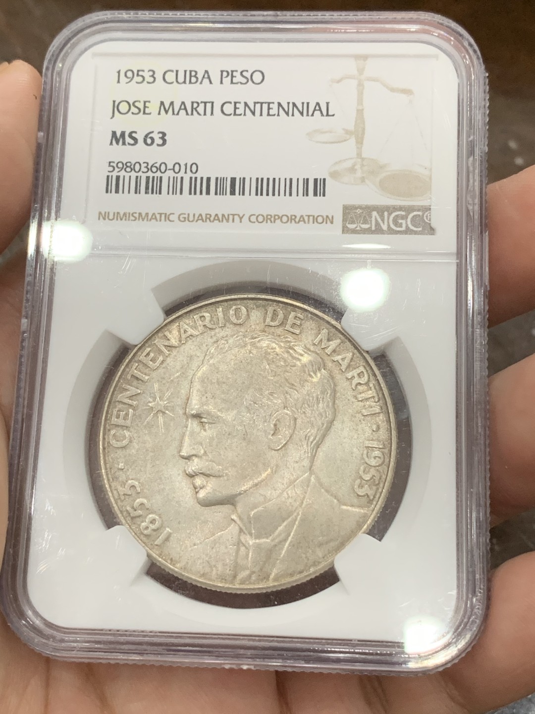 《竞宝斋》第80场-本周日，周一 2场连拍（全场不限金额包邮） NGC-63 古巴1953年何塞马蒂比索大银币 黄油包浆