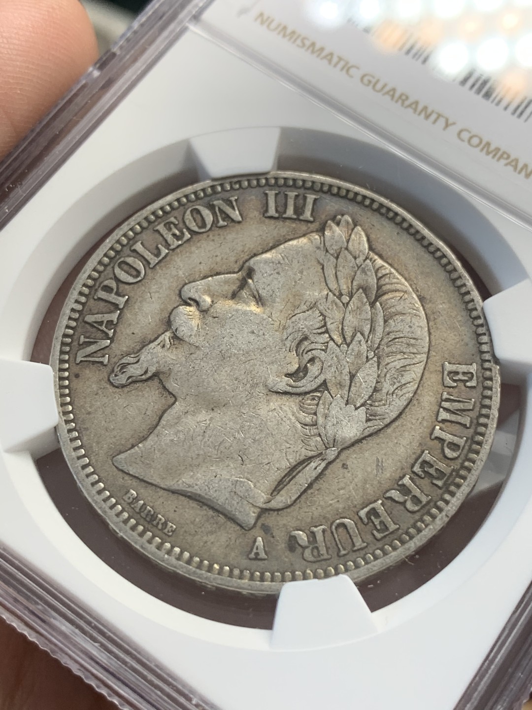 《竞宝斋》第80场-本周日，周一 2场连拍（全场不限金额包邮） NGC-XF45 法国1869-A年 拿破仑三世 5法郎大银币 原味老包浆 非常舒服