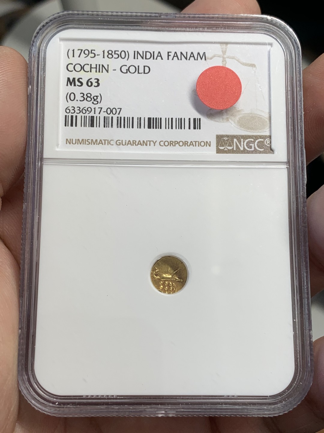 《竞宝斋》第80场-本周日，周一 2场连拍（全场不限金额包邮） NGC-MS63 印度1795年 坎钦FANNAM金币 这分数已经很不错了