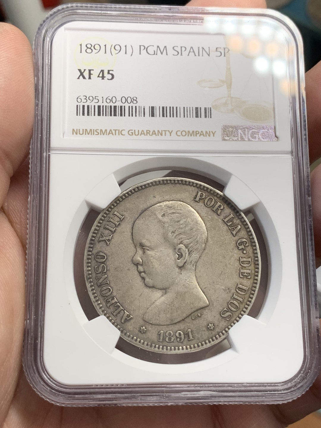 《竞宝斋》第80场-本周日，周一 2场连拍（全场不限金额包邮） NGC-XF45 西班牙1891年 阿方索十三世 5比塞塔双柱大银币 老包浆