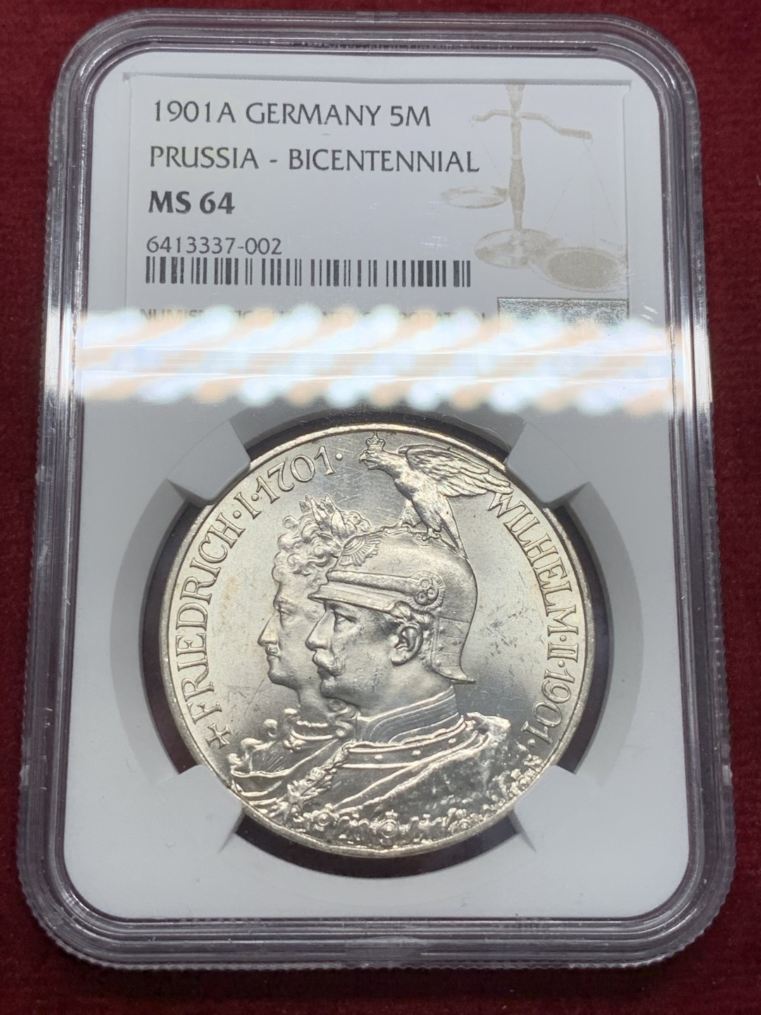 《竞宝斋》第80场-本周日，周一 2场连拍（全场不限金额包邮） NGC MS64 德国1901年普鲁士建国200周年纪念5马克 转光极好