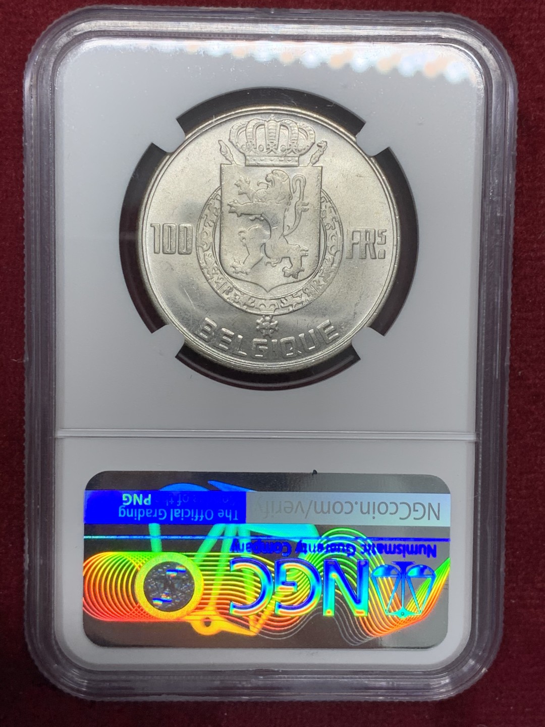 《竞宝斋》第80场-本周日，周一 2场连拍（全场不限金额包邮） NGC-MS65 比利时 1954年 四皇头像 100法郎银币 顶级罕见高分