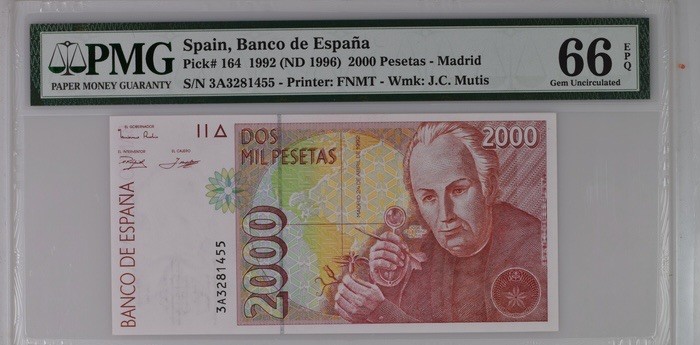 收藏联盟Quantum Auction 第181期拍卖 西班牙1992年2000比塞塔 PMG66