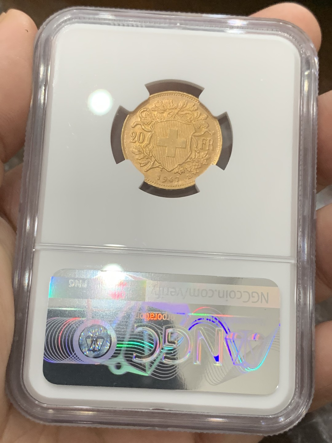 《竞宝斋》第80场-本周日，周一 2场连拍（全场不限金额包邮） NGC MS66 瑞士1947年20法郎雪山少女赫尔维蒂金币 超高分绝佳好品