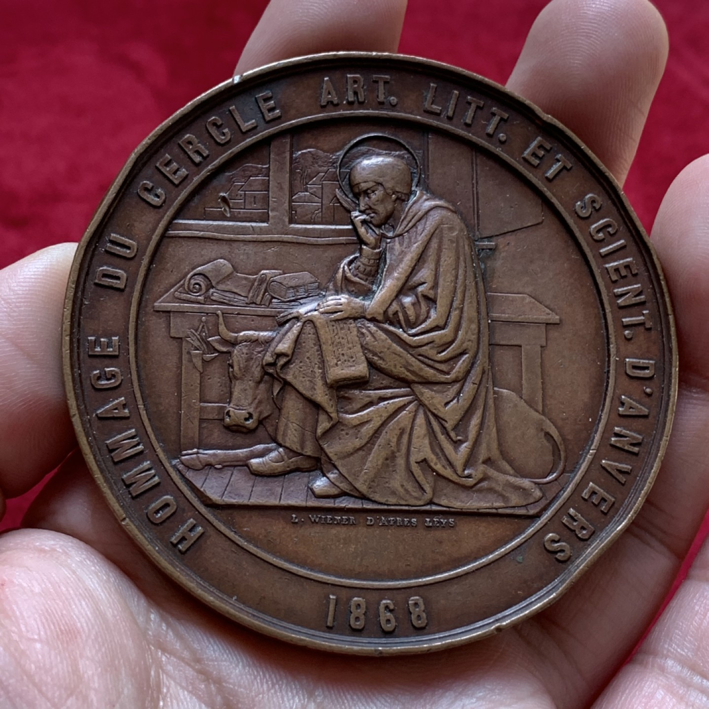 《竞宝斋》第80场-本周日，周一 2场连拍（全场不限金额包邮） 1868年比利时亨利·莱伊斯男爵铜章，直径68mm，重量149g，人相面高浮雕大铜章。