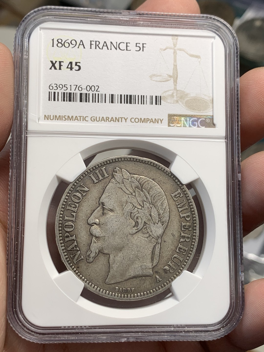 《竞宝斋》第80场-本周日，周一 2场连拍（全场不限金额包邮） NGC-XF45 法国1869-A年 拿破仑三世 5法郎大银币 原味老包浆 非常舒服