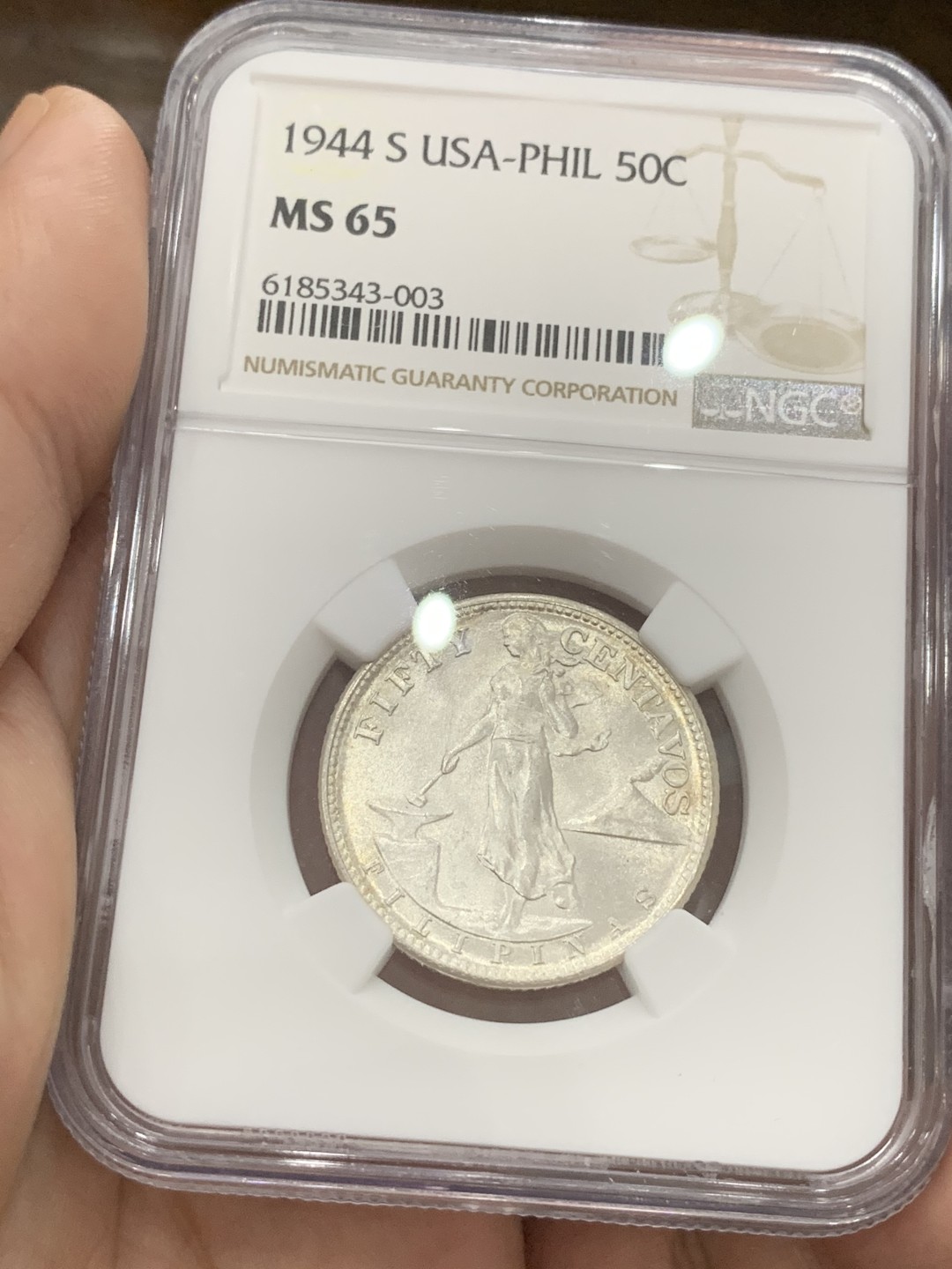 《竞宝斋》第80场-本周日，周一 2场连拍（全场不限金额包邮） NGC MS65 1944S 美属菲律宾50分打铁女神 满霜光