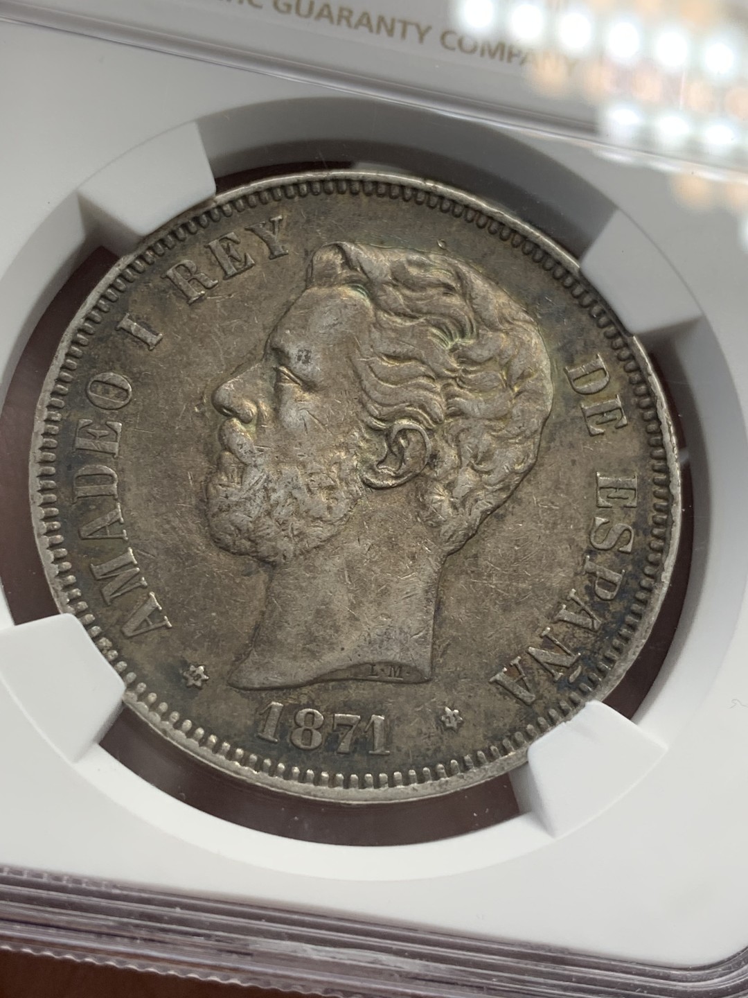 《竞宝斋》第80场-本周日，周一 2场连拍（全场不限金额包邮） NGC-AU50 西班牙1871年 阿玛德欧一世 5比塞塔双柱大银币 传世老包浆 性价比很高