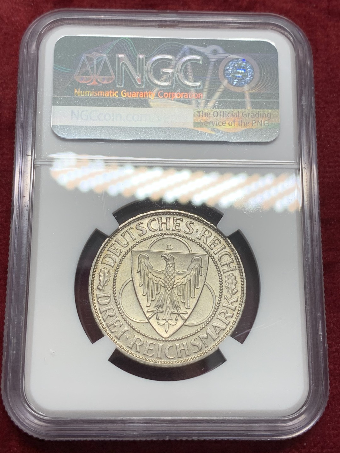 《竞宝斋》第80场-本周日，周一 2场连拍（全场不限金额包邮） NGC-MS64 德国魏玛共和国 1930-D年 鹰桥 3马克银币 顶级品相 少见品种