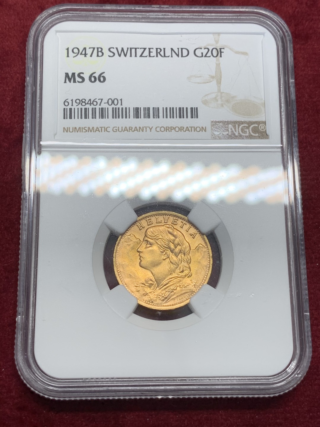 《竞宝斋》第80场-本周日，周一 2场连拍（全场不限金额包邮） NGC MS66 瑞士1947年20法郎雪山少女赫尔维蒂金币 超高分绝佳好品