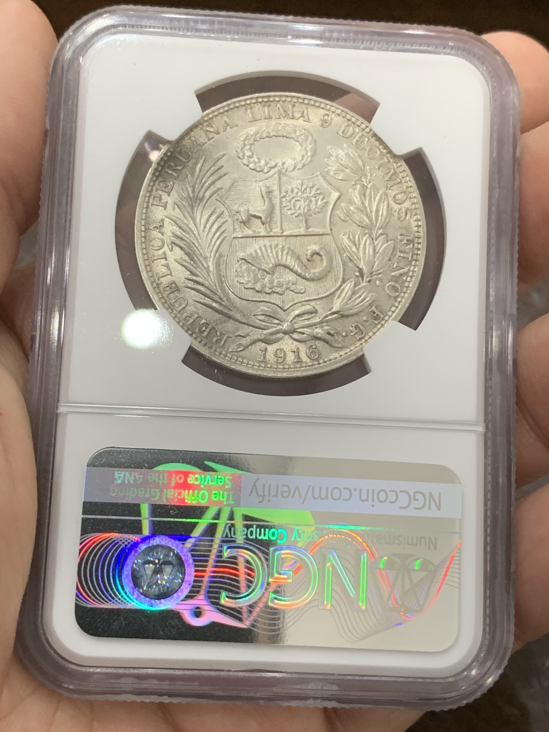 《竞宝斋》第80场-本周日，周一 2场连拍（全场不限金额包邮） NGC-MS63 秘鲁1916年 自由女神坐人 1索尔大银币 南美大热品种 高分少见