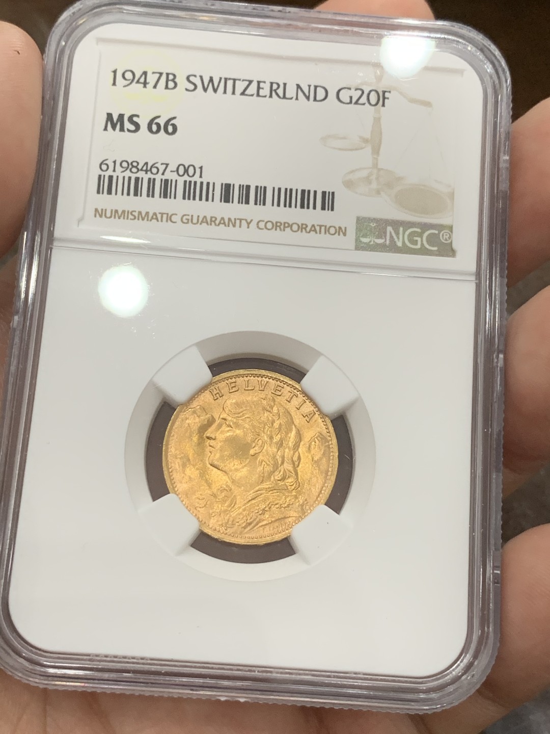 《竞宝斋》第80场-本周日，周一 2场连拍（全场不限金额包邮） NGC MS66 瑞士1947年20法郎雪山少女赫尔维蒂金币 超高分绝佳好品