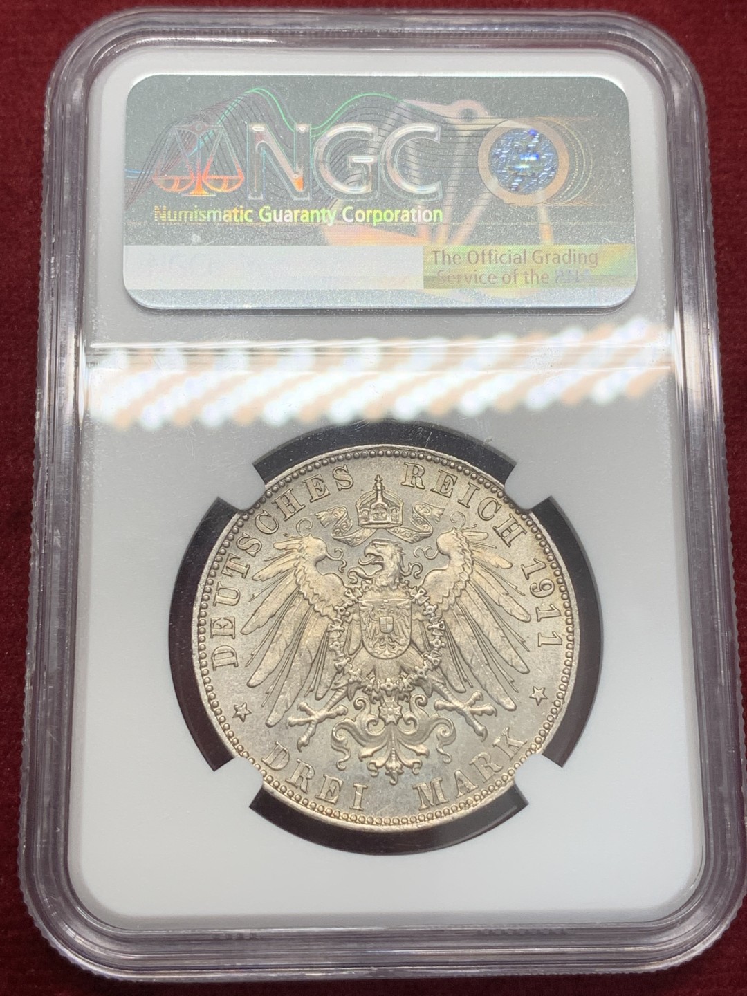 《竞宝斋》第80场-本周日，周一 2场连拍（全场不限金额包邮） NGC-MS64 德国巴伐利亚 1911年 3马克 银币 柳特波德90大寿 淡彩包浆 转光自然