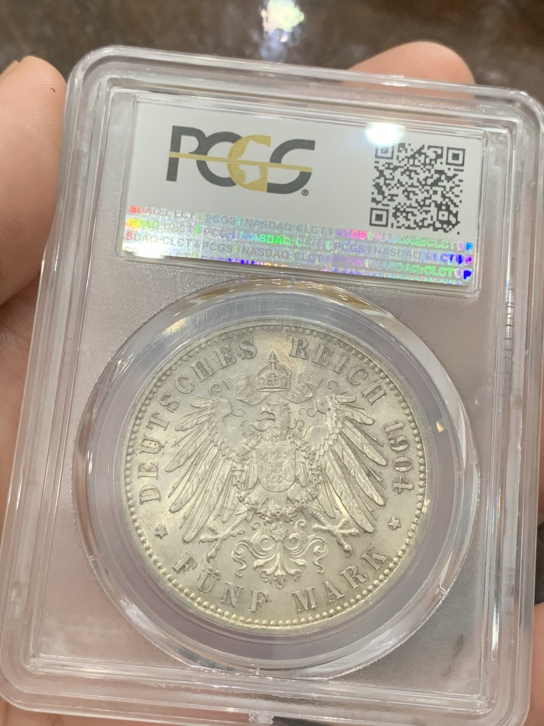 《竞宝斋》第80场-本周日，周一 2场连拍（全场不限金额包邮） PCGS-MS64 德国 萨克森阿伯丁 1904年 5马克 银币 格奥尔格逝世纪念 淡黄油彩包浆