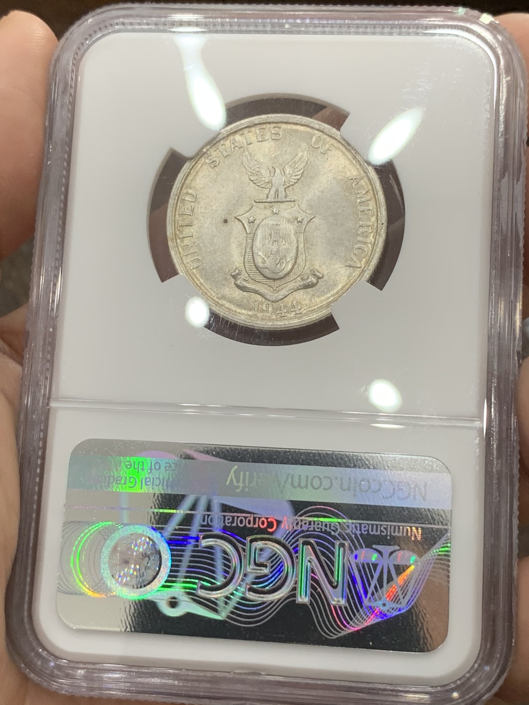 《竞宝斋》第80场-本周日，周一 2场连拍（全场不限金额包邮） NGC MS65 1944S 美属菲律宾50分打铁女神 满霜光