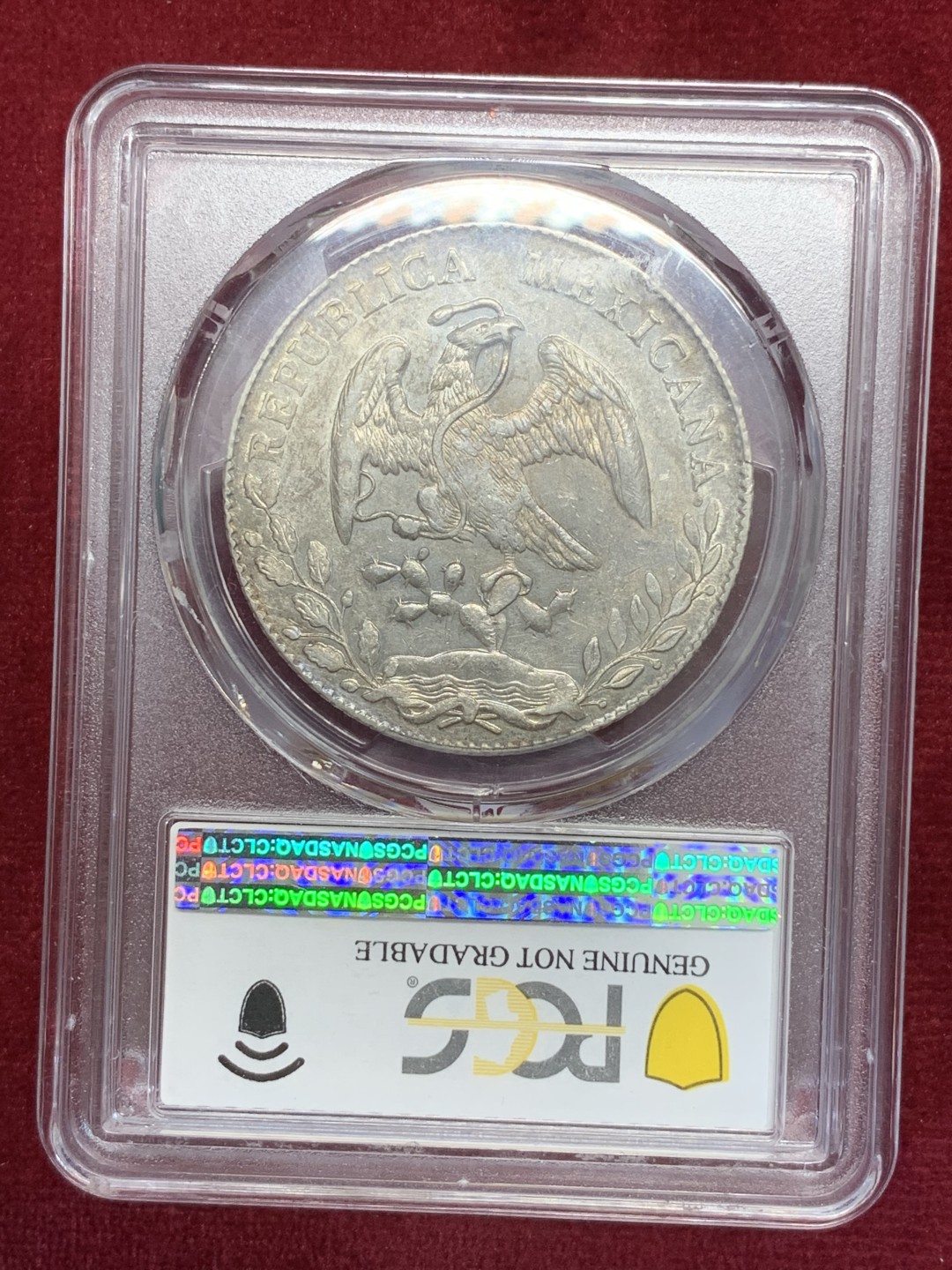 《竞宝斋》第80场-本周日，周一 2场连拍（全场不限金额包邮） PCGS AUD墨西哥 1893年 MO AM 鹰洋 淡彩包浆 状态很不错。