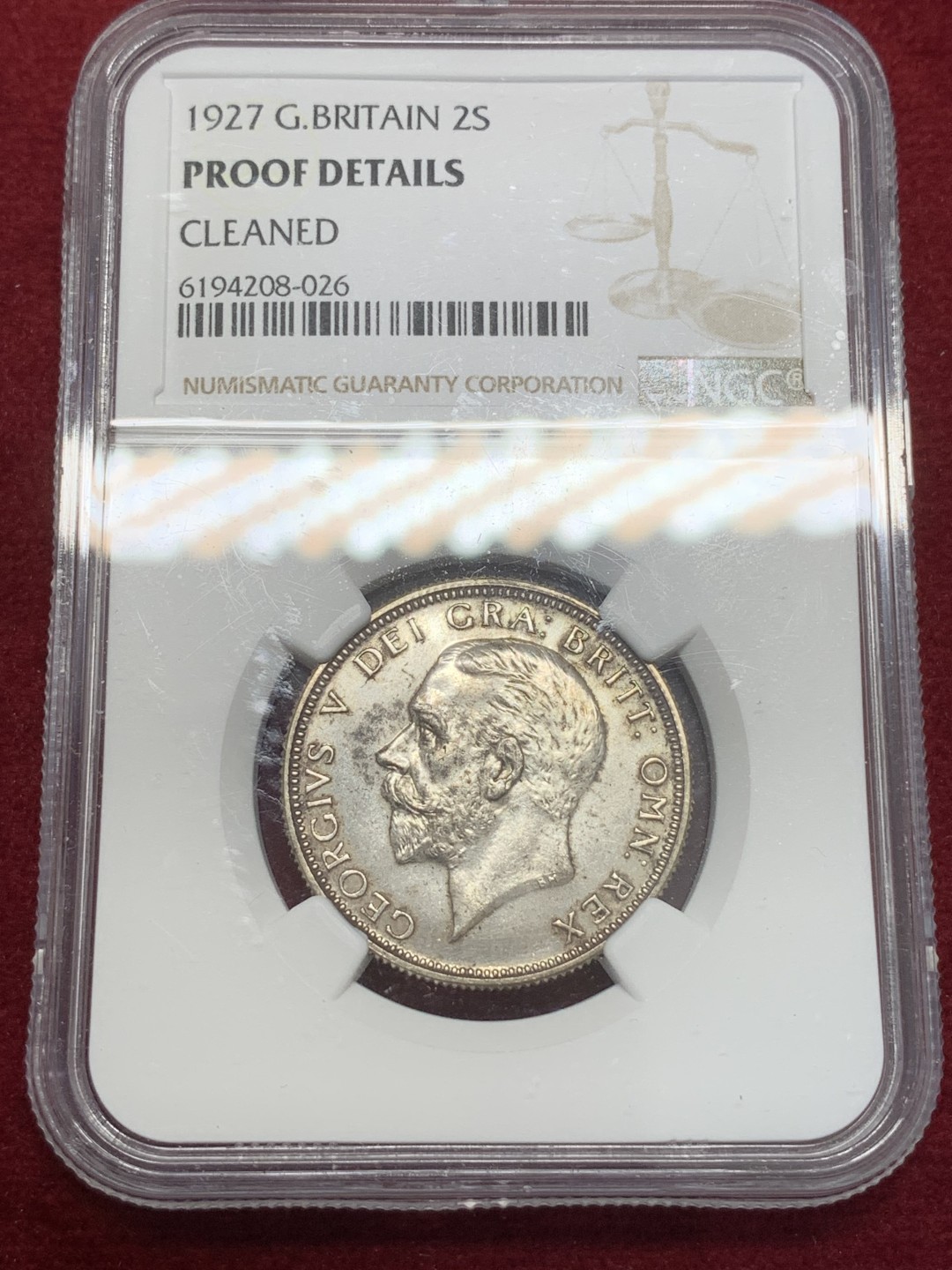《竞宝斋》第80场-本周日，周一 2场连拍（全场不限金额包邮） NGC-PROOF 1927年英国乔五2先令，镜面感明显