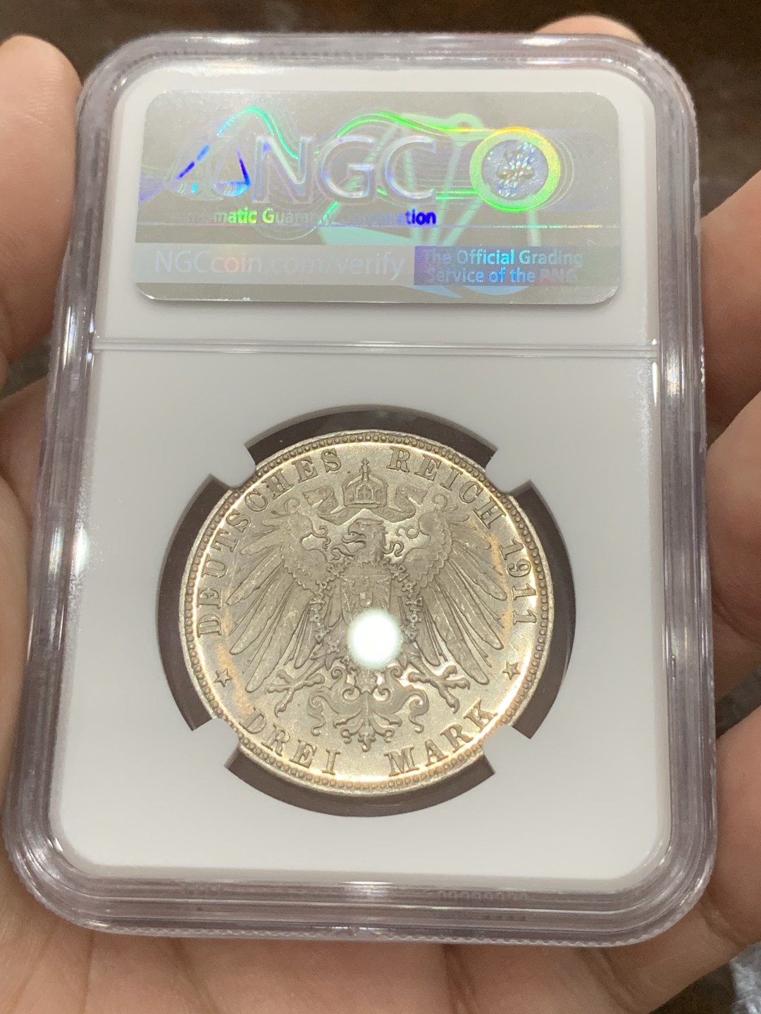 《竞宝斋》第80场-本周日，周一 2场连拍（全场不限金额包邮） NGC-MS64 德国巴伐利亚 1911年 3马克 银币 柳特波德90大寿 淡彩包浆 转光自然