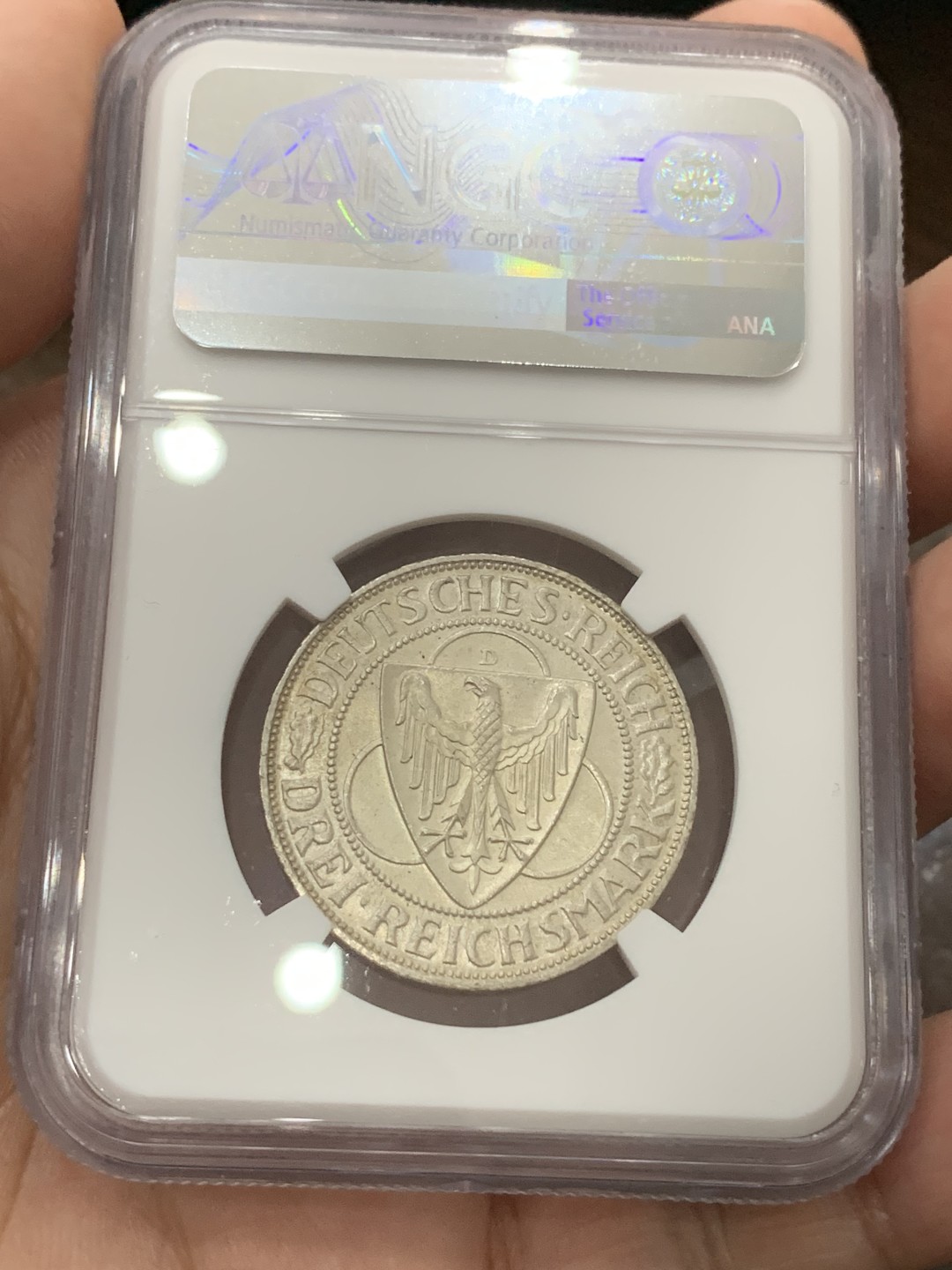 《竞宝斋》第80场-本周日，周一 2场连拍（全场不限金额包邮） NGC-MS64 德国魏玛共和国 1930-D年 鹰桥 3马克银币 顶级品相 少见品种