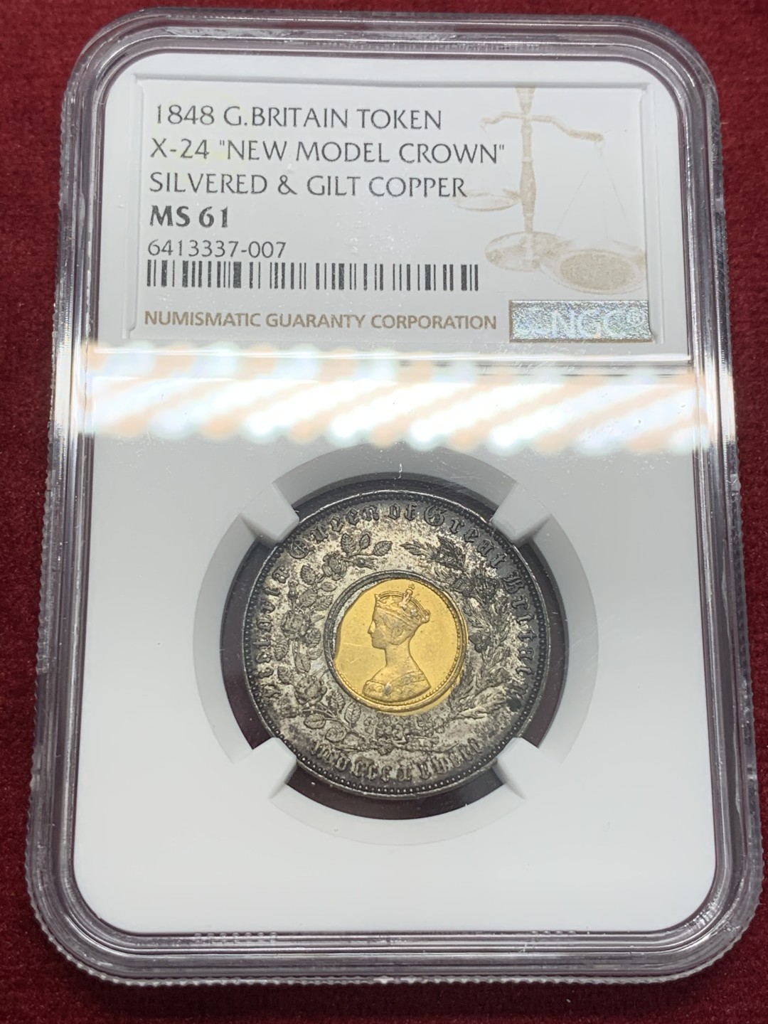 《竞宝斋》第80场-本周日，周一 2场连拍（全场不限金额包邮） NGC MS61 英国1848年双色克朗 厚重老包浆略低评！ 中间币胚转光 状态极佳